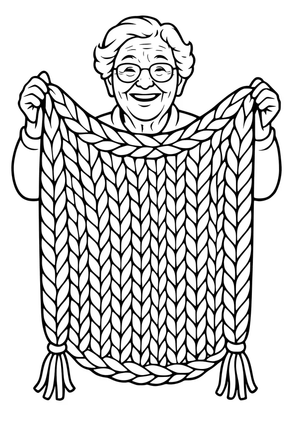 Free Grandma Coloring Page - Elderly Woman With Chunky Knitted Blanket (Printable PDF)