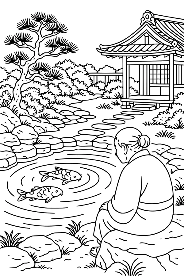 Free Grandma Coloring Page - Elderly Lady by Koi Pond in Japanese Garden (Printable PDF)