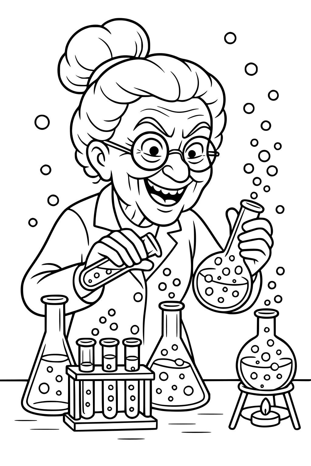 Smiling grandma scientist with bun and glasses pours a test tube into a bubbly flask on a lab table with beakers and burner.