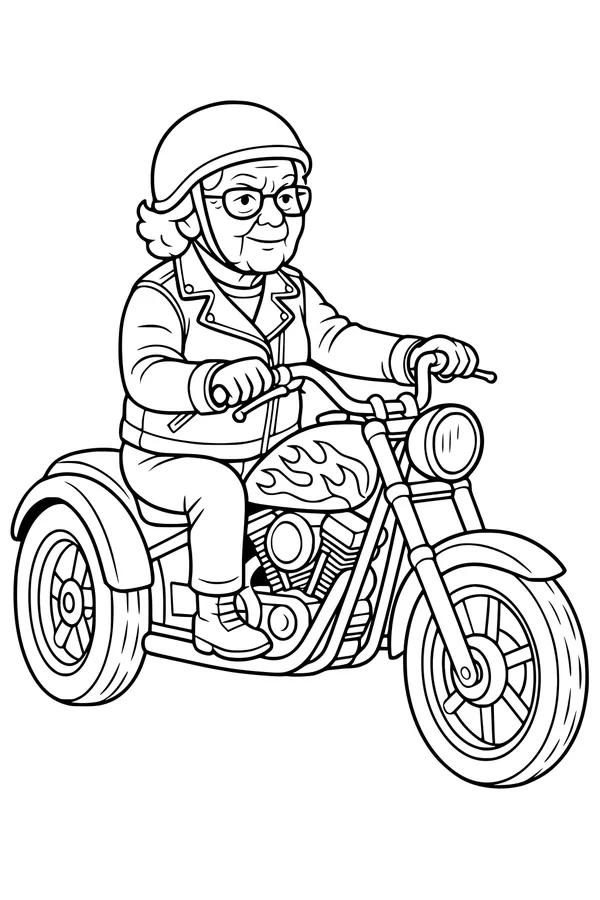 Free Grandma Coloring Page - Biker Grandma on Motorcycle (Printable PDF)
