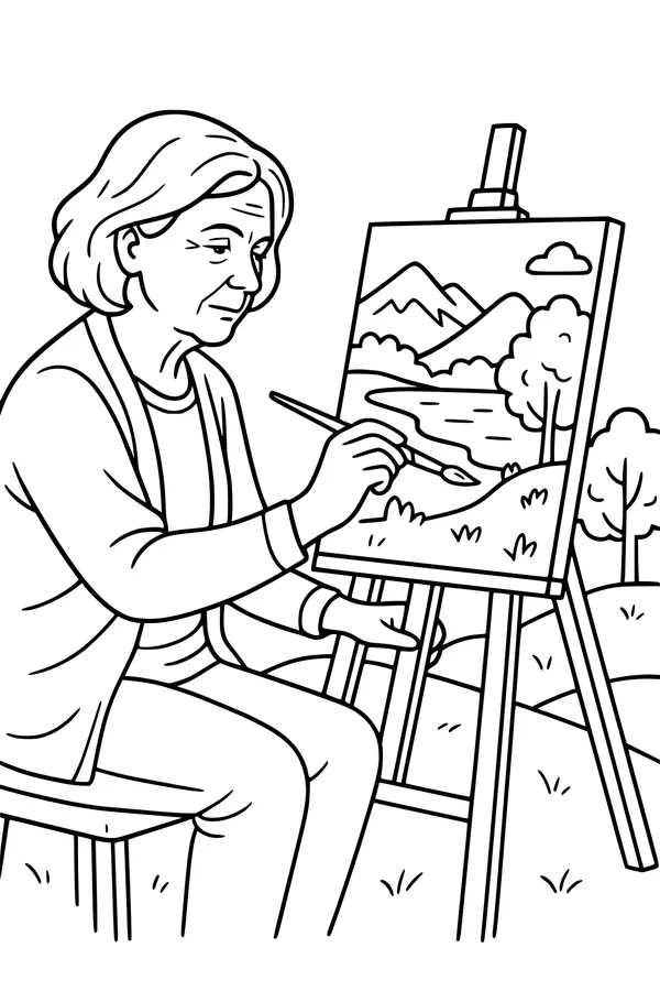 Free Grandma Retirement Coloring Page - Painting a Mountain Park Scene (Printable PDF)
