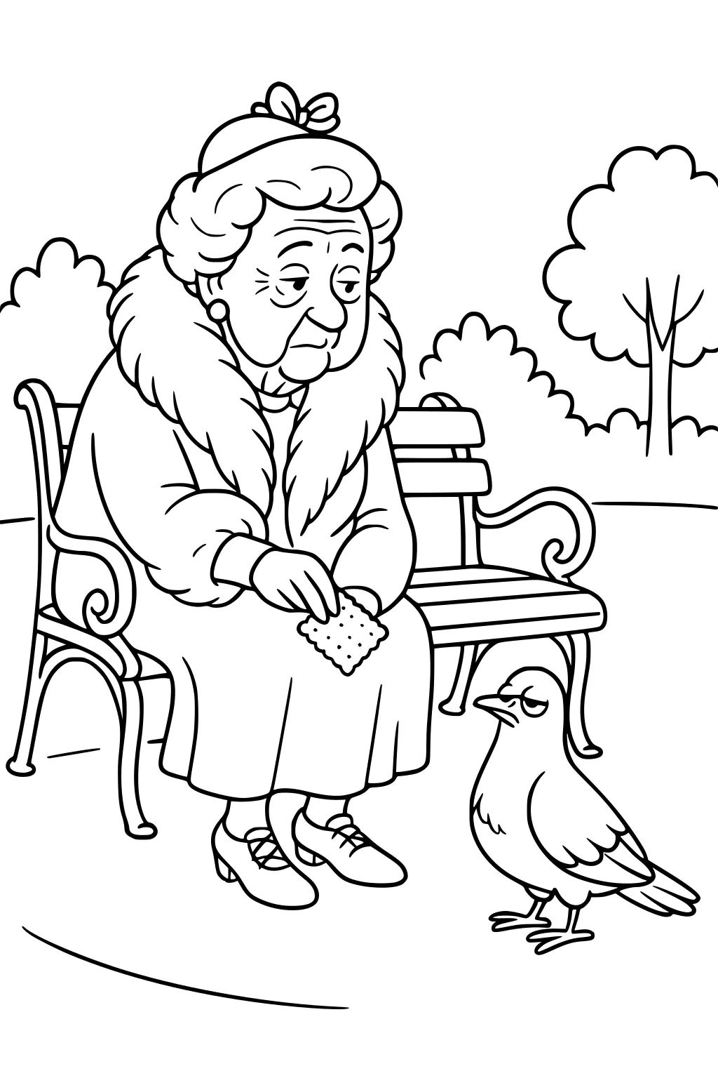 Elderly woman on a park bench with a cracker, pigeon waiting at her feet; trees and bushes behind.