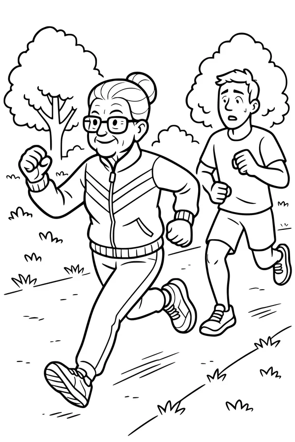 Free Grandma Retirement Coloring Page - Fast Jog in the Park (Printable PDF)