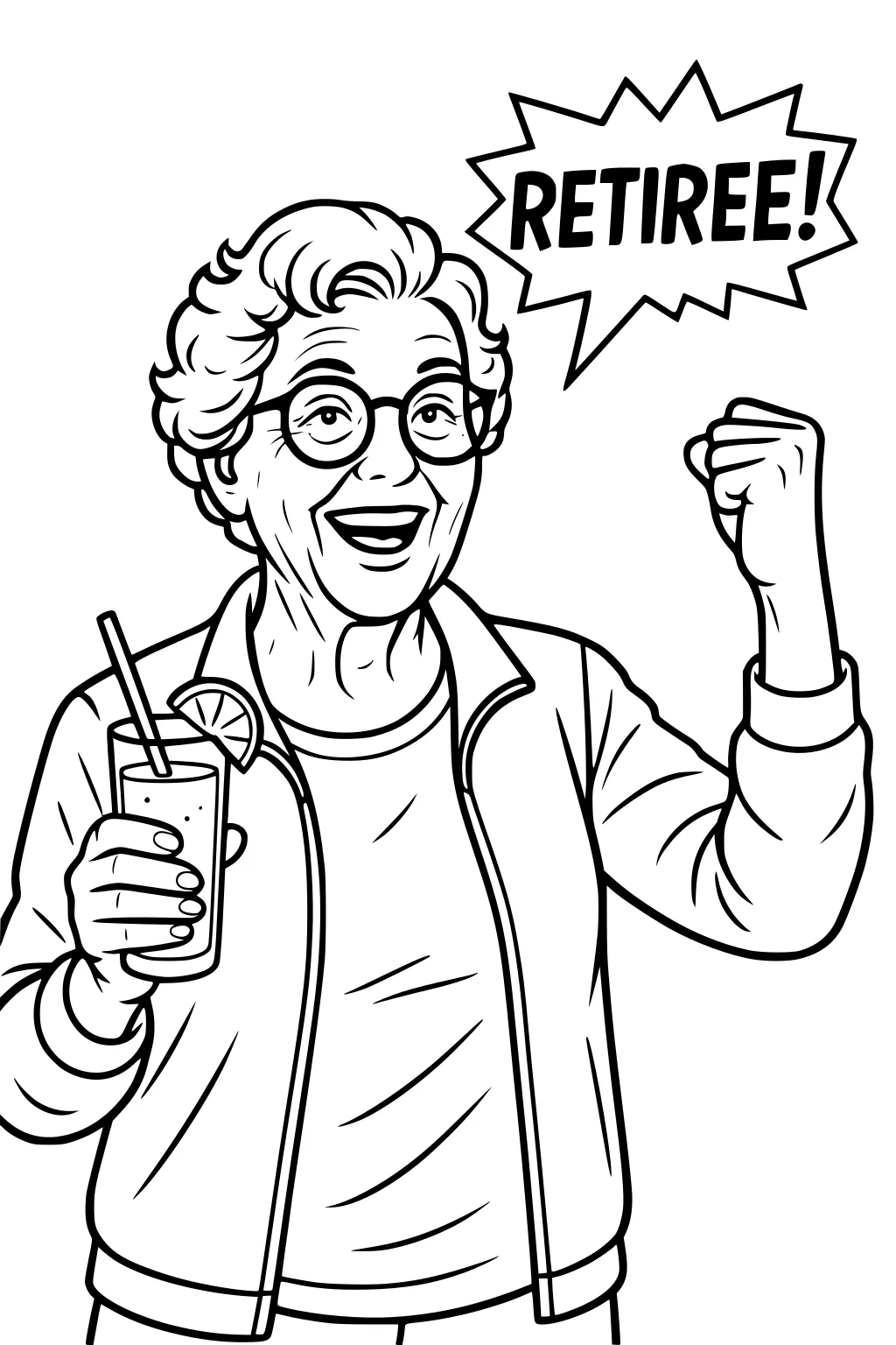 Smiling older woman with glasses raises a fist, holds lemon drink with straw; speech bubble reads RETIREE; jacket and tee.