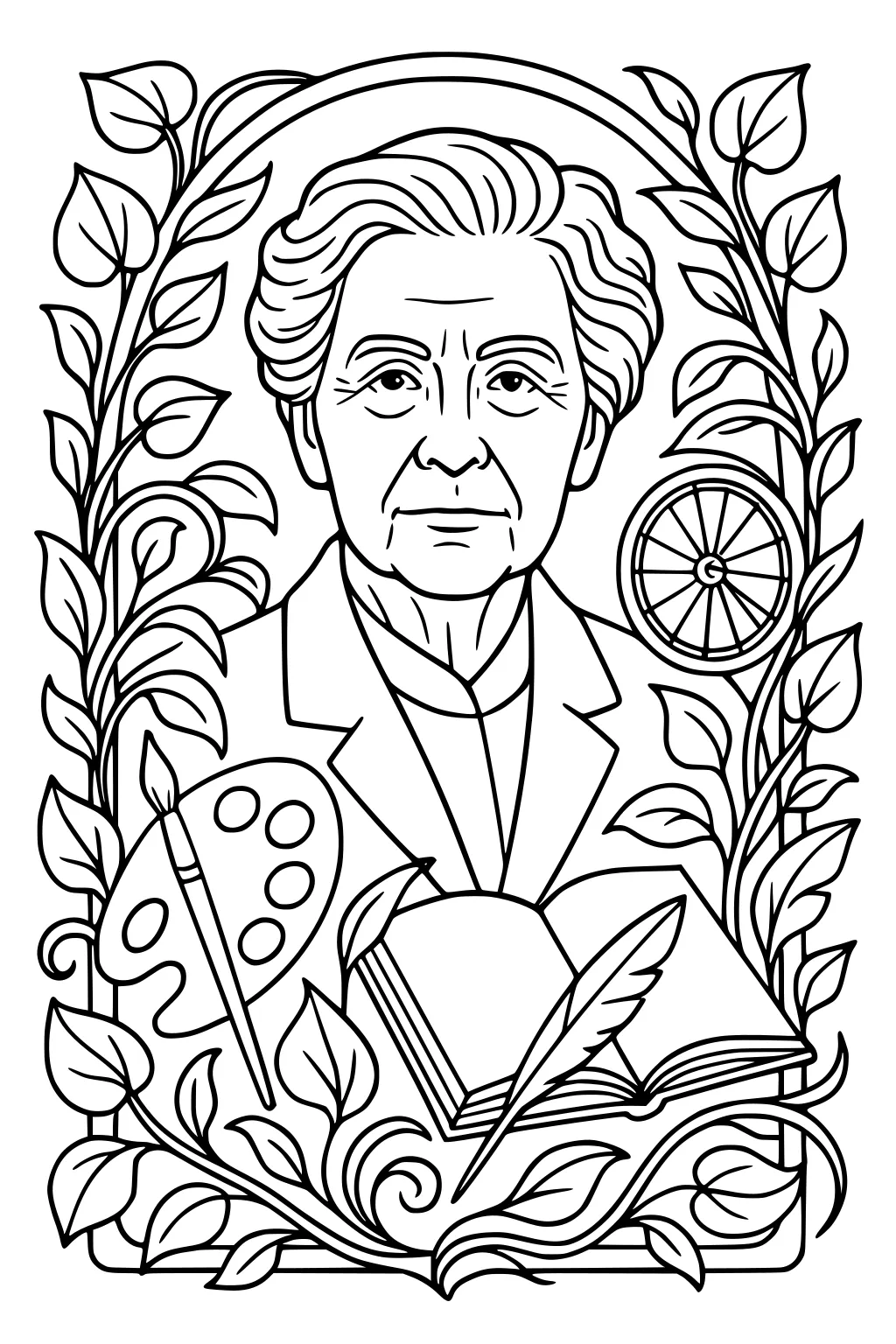 Older woman portrait framed by leaves, with paint palette, brush, open books, quill, and a small spoked wheel emblem.