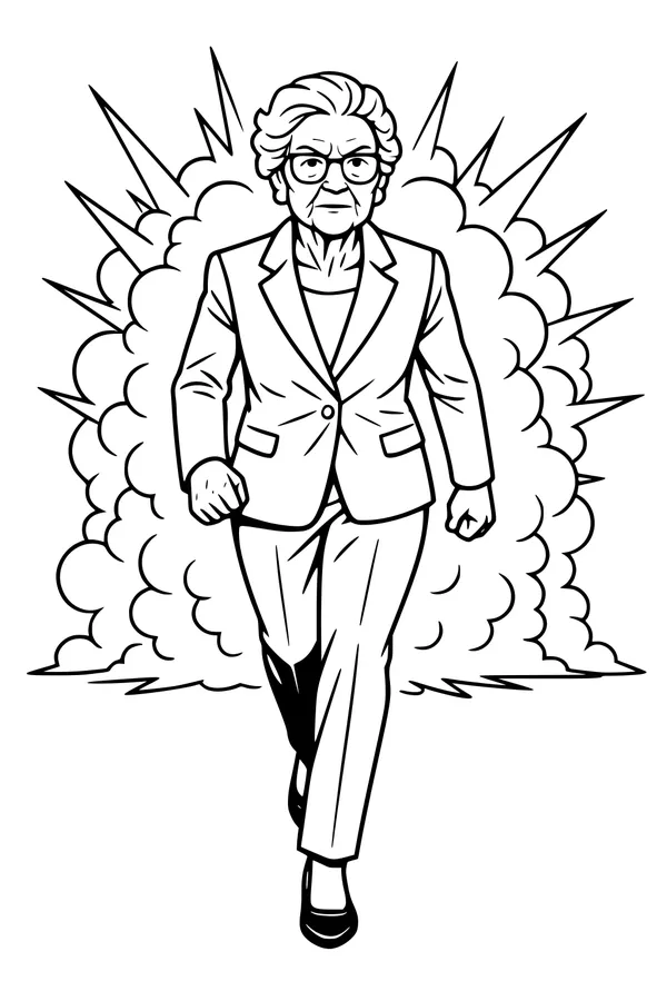 Free Grandma Retirement Coloring Page - Confident Power Walk Celebration (Printable PDF)