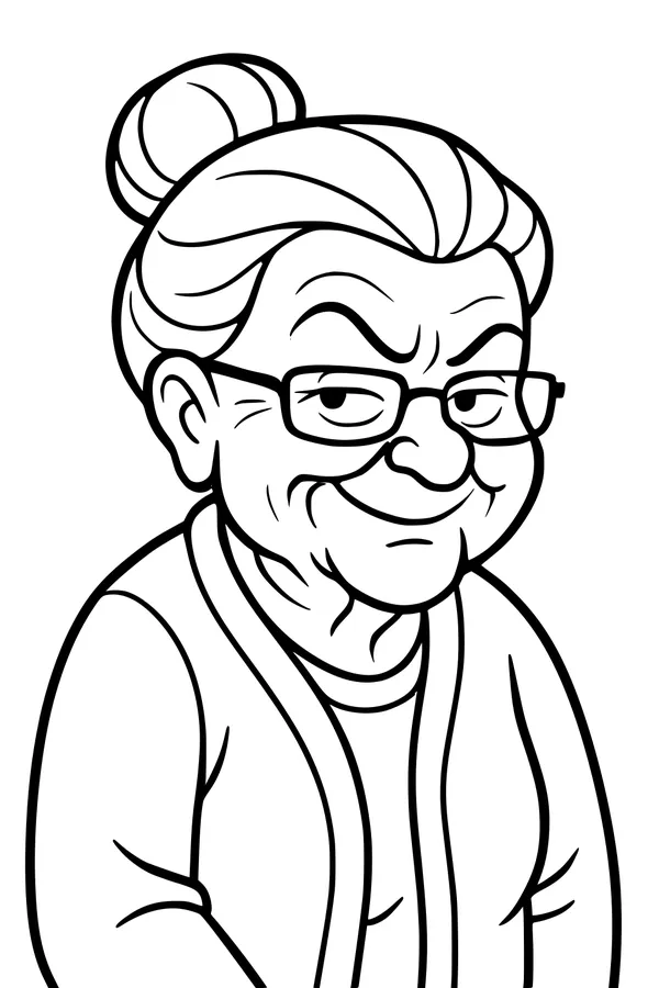 Free Grandma Coloring Page - Smiling Elderly Portrait With Glasses (Printable PDF)