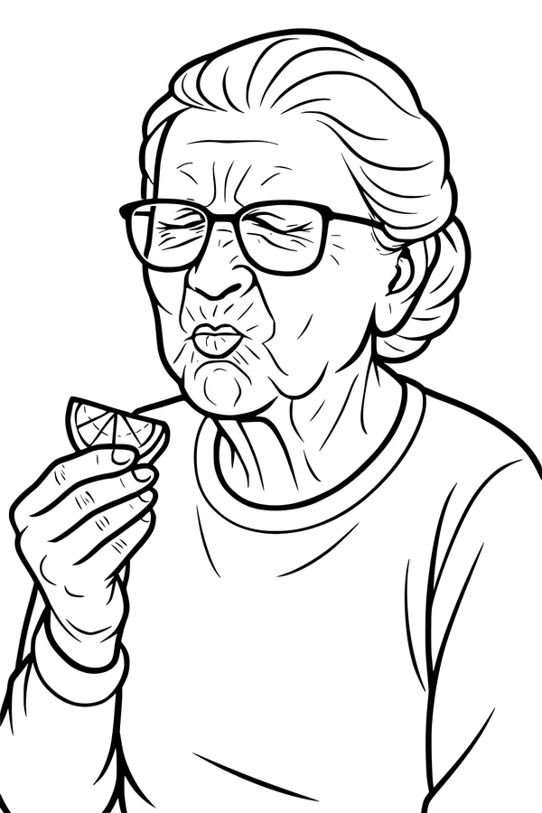 Free Grandma Coloring Page - Funny Sour Lemon Pucker Portrait (Printable PDF)