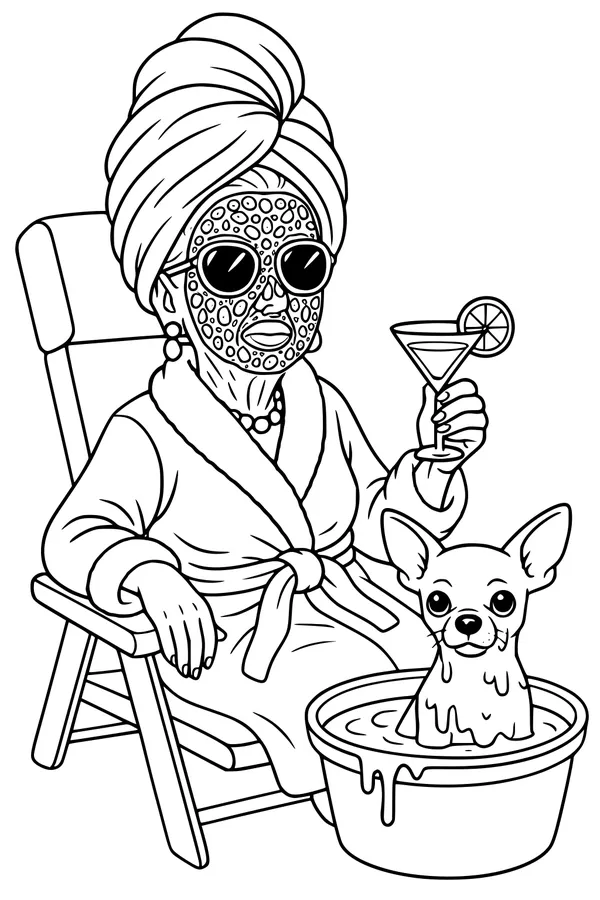 Free Grandma Coloring Page - Elderly Lady Spa Day With Chihuahua (Printable PDF)