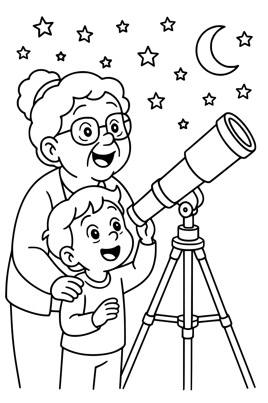 Grandmother with glasses and a bun helps a young boy use a tripod telescope under stars and a crescent moon.