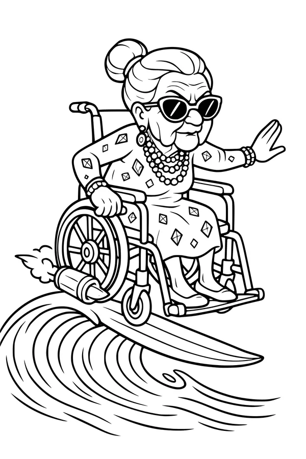 Free Grandma Coloring Page - Elderly Surfer in Rocket Wheelchair (Printable PDF)