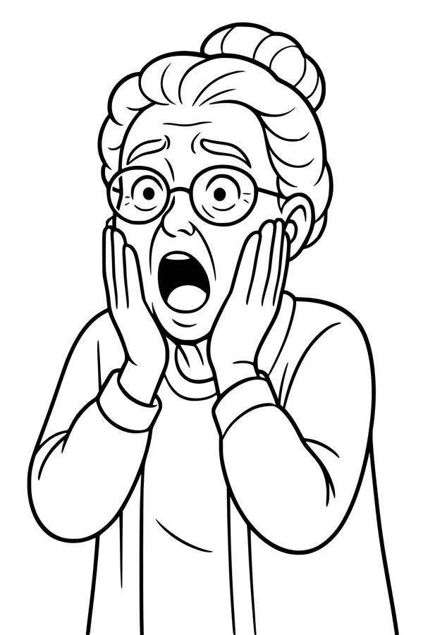 Free Grandma Coloring Page - Surprised Cartoon Portrait (Printable PDF)