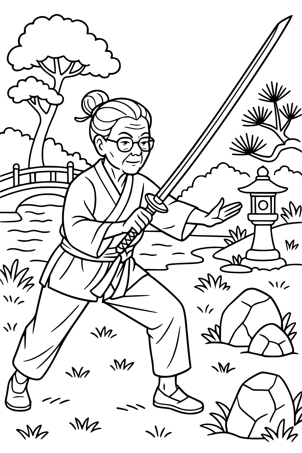 Elderly grandma practices with a sword in a garden with arched bridge, pond, pine tree, rocks, and a stone lantern.