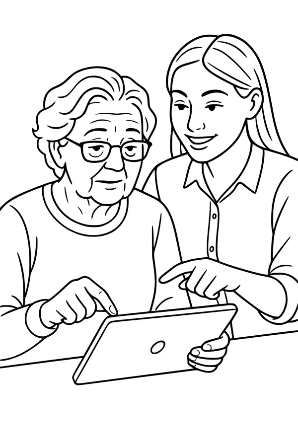 Free Grandma And Granddaughter Coloring Page - Learning Tablet Together (Printable PDF)
