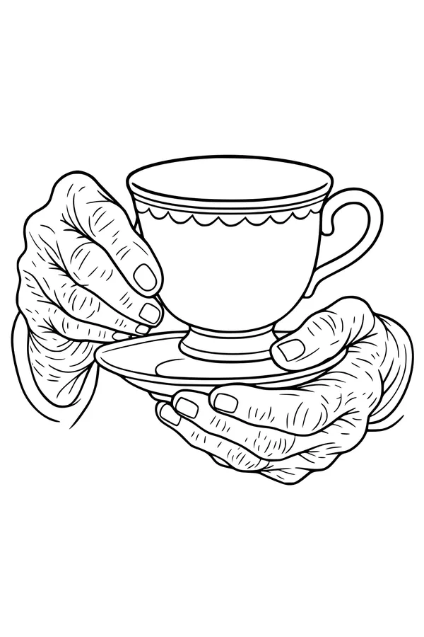 Free Grandparents Coloring Page - Elderly Hands Holding Teacup (Printable PDF)
