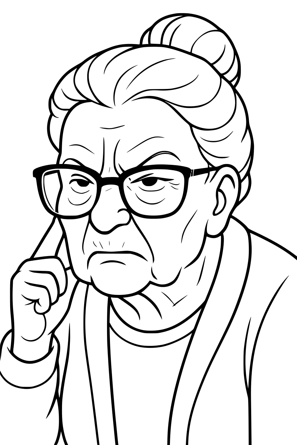 Elderly woman with glasses and a bun, frowning, finger to ear, wearing a cardigan; close-up black-and-white line art portrait.