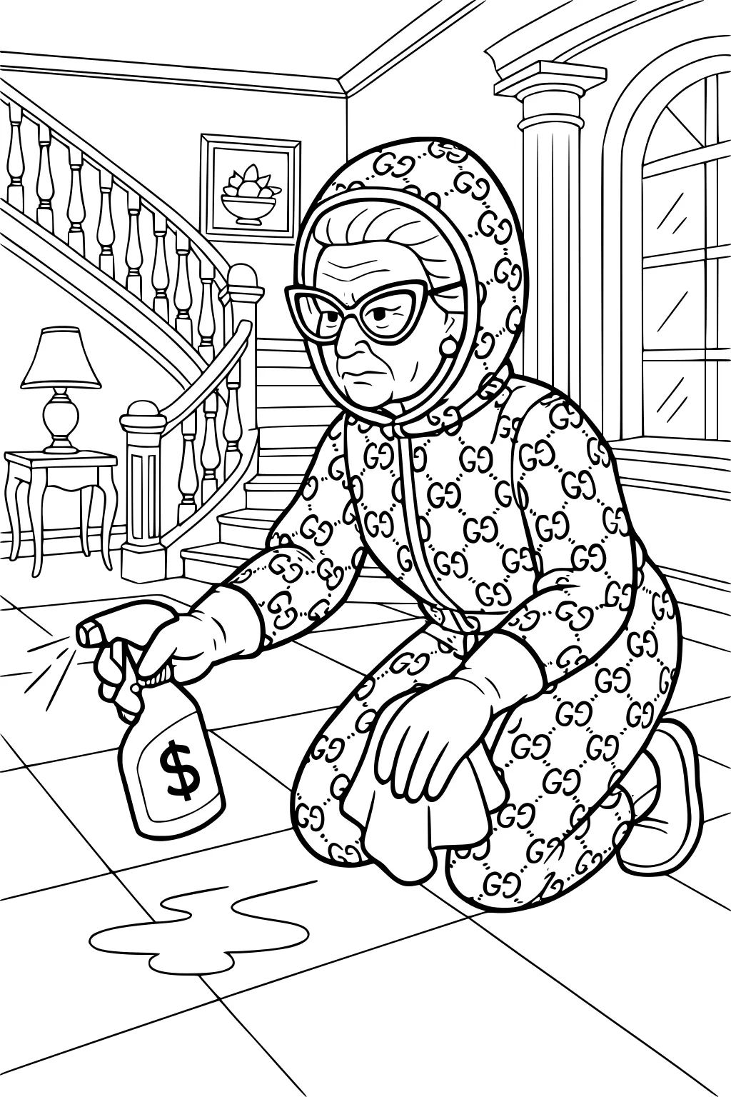 Grandmother in patterned hoodie kneels on tiled floor, sprays dollar-sign bottle on a spill beside stairs and a large window.
