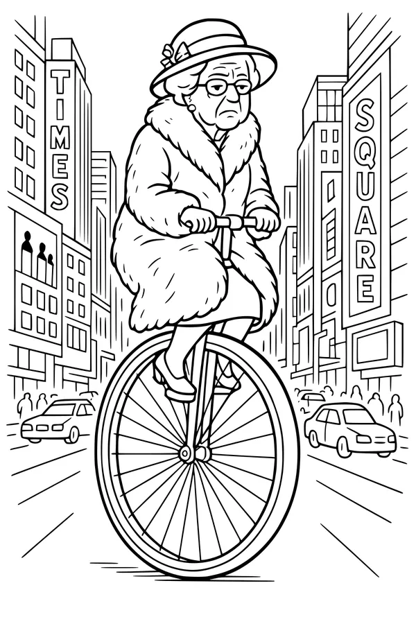 Free Grandma Coloring Page - Elderly Lady Riding Penny-Farthing in Times Square (Printable PDF)