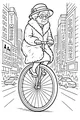 Free Grandma Coloring Page - Elderly Lady Riding Penny-Farthing in Times Square (Printable PDF)