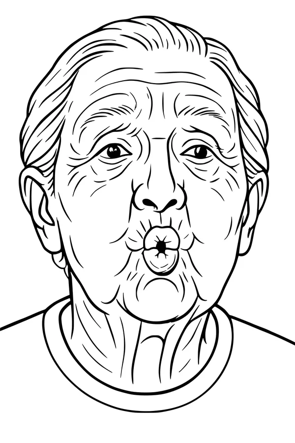Free Grandma Coloring Page - Whistling Elderly Portrait (Printable PDF)