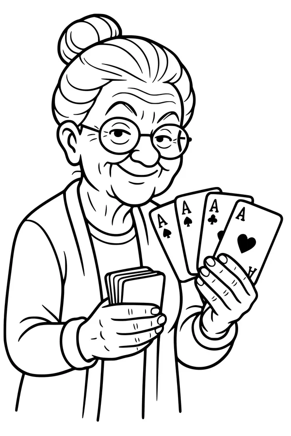 Free Grandma Coloring Page - Smiling Elderly Lady With Winning Aces (Printable PDF)