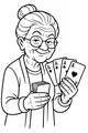 Free Grandma Coloring Page - Smiling Elderly Lady With Winning Aces (Printable PDF)
