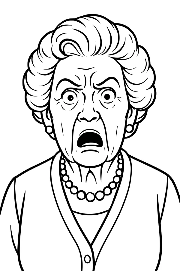 Free Grandma Coloring Page - Surprised Elderly Grandmother Portrait (Printable PDF)