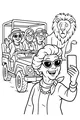 Free Grandmas and Lion Safari Coloring Page - Jeep Selfie Adventure (Printable PDF)
