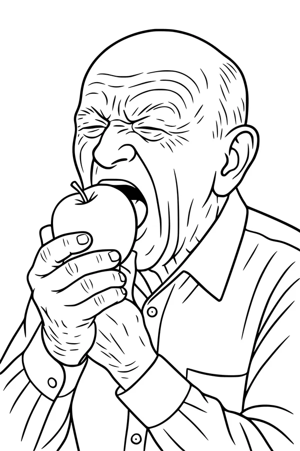 Free Grandpa Coloring Page - Elderly Man Biting an Apple (Printable PDF)