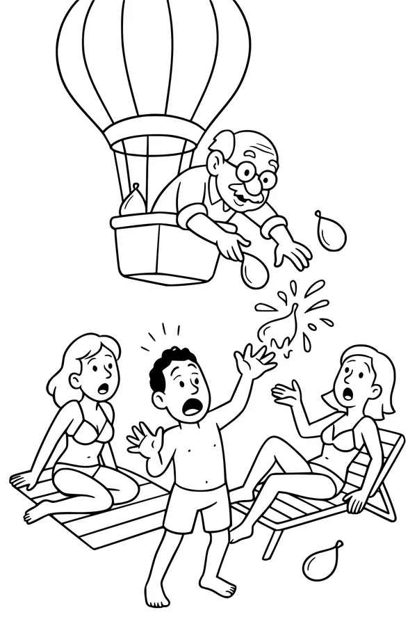 Free Grandpa Retirement Coloring Page - Silly Water Balloon Beach Splash (Printable PDF)