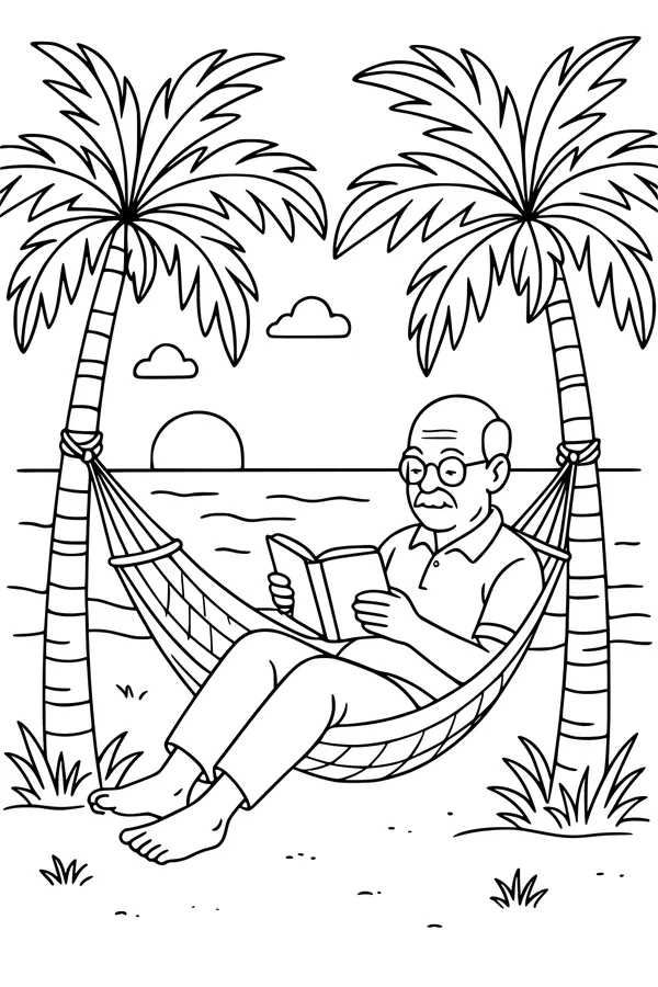 Free Grandpa Retirement Coloring Page - Reading in a Beach Hammock at Sunset (Printable PDF)