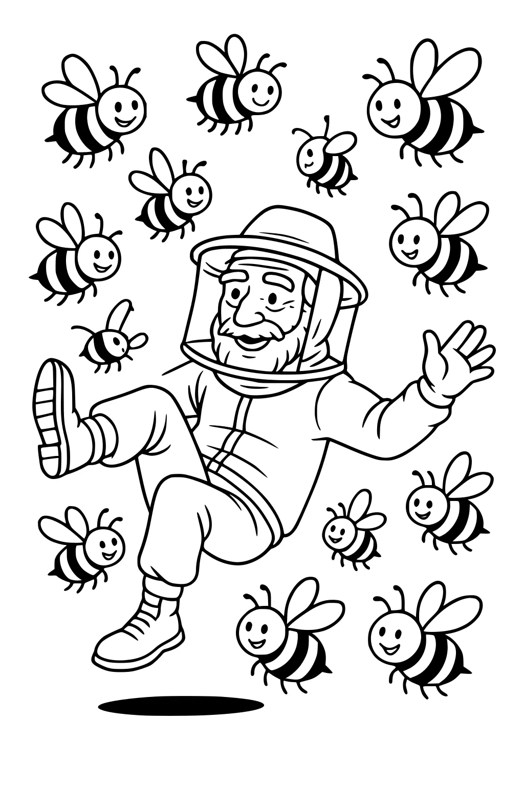 Elderly beekeeper grandpa in suit and veil lifting a leg and waving as smiling striped bees with wings fly all around him.