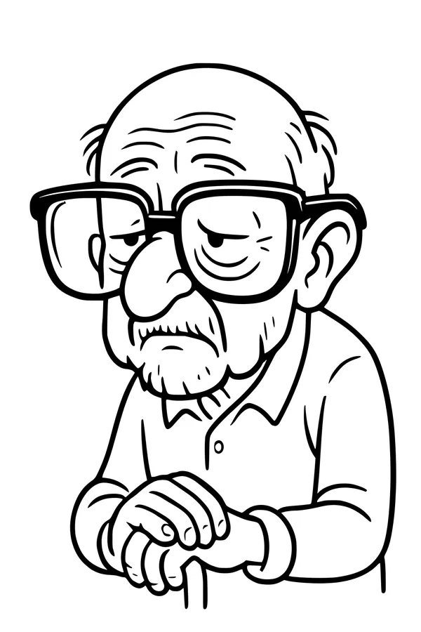 Free Grandpa Coloring Page - Elderly Man With Big Glasses and Cane (Printable PDF)