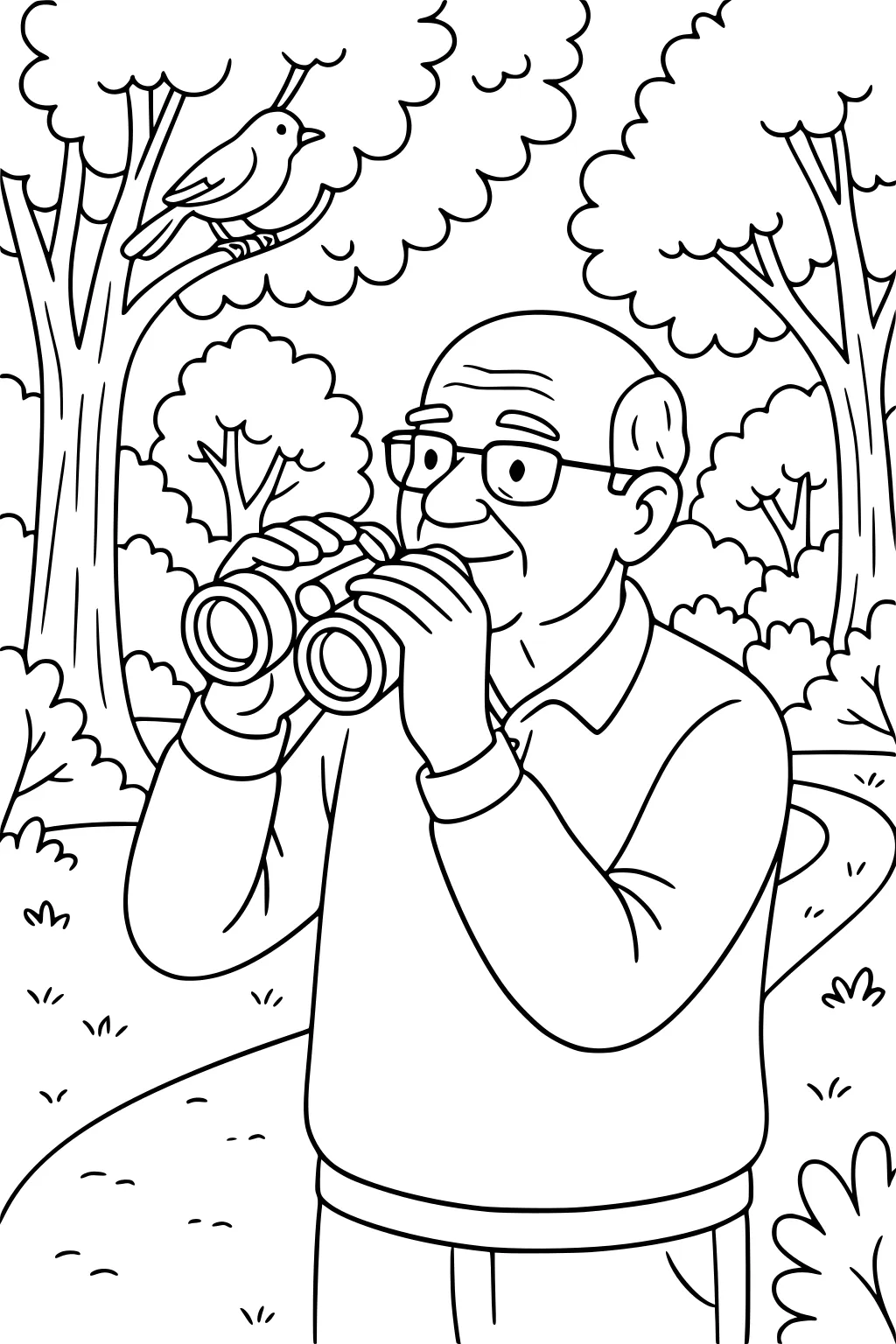 Elderly man with glasses uses binoculars in a park; bird on a branch with trees and a winding path in the background.