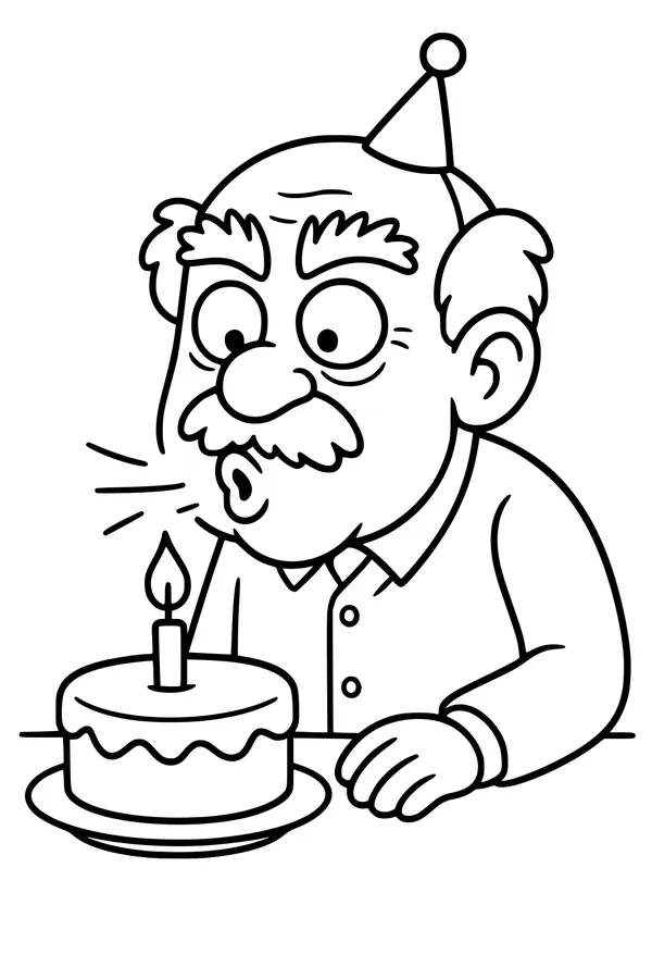 Free Grandpa Coloring Page - Elderly Grandfather Blowing Out Birthday Candle (Printable PDF)