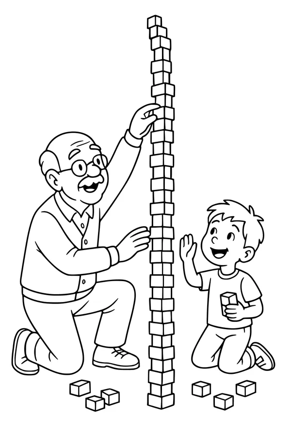 Free Grandpa And Grandson Coloring Page - Building A Tall Block Tower (Printable PDF)