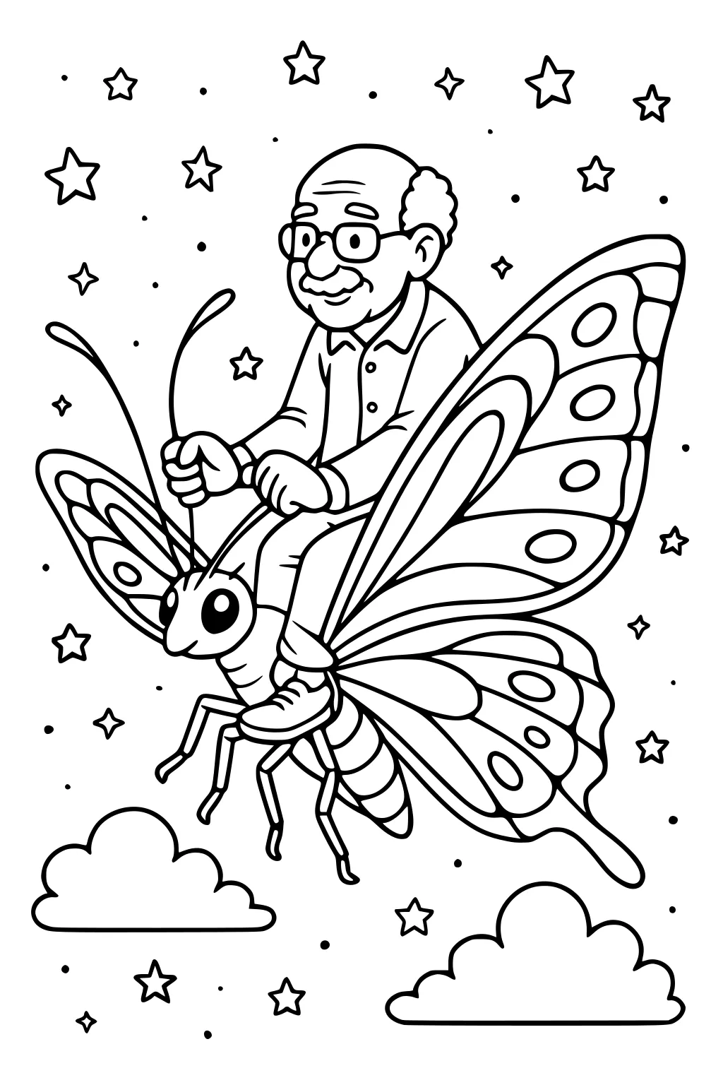 Grandpa with glasses rides a large butterfly in a starry sky, holding its antennae, with puffy clouds and big patterned wings.