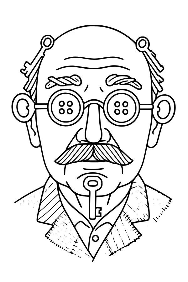 Free Grandpa Coloring Page - Whimsical Portrait With Button Glasses and Keys (Printable PDF)
