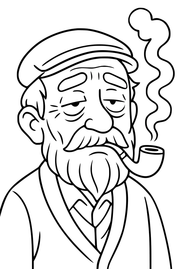 Free Grandfather Coloring Page - Elderly Grandpa With Cap, Beard, and Pipe (Printable PDF)