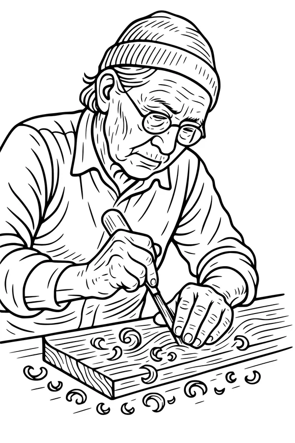 Free Grandfather Coloring Page - Elderly Woodcarver in Workshop (Printable PDF)
