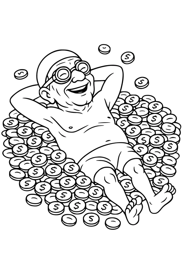 Free Grandpa Coloring Page - Elderly Man Relaxing on Money Pile (Printable PDF)
