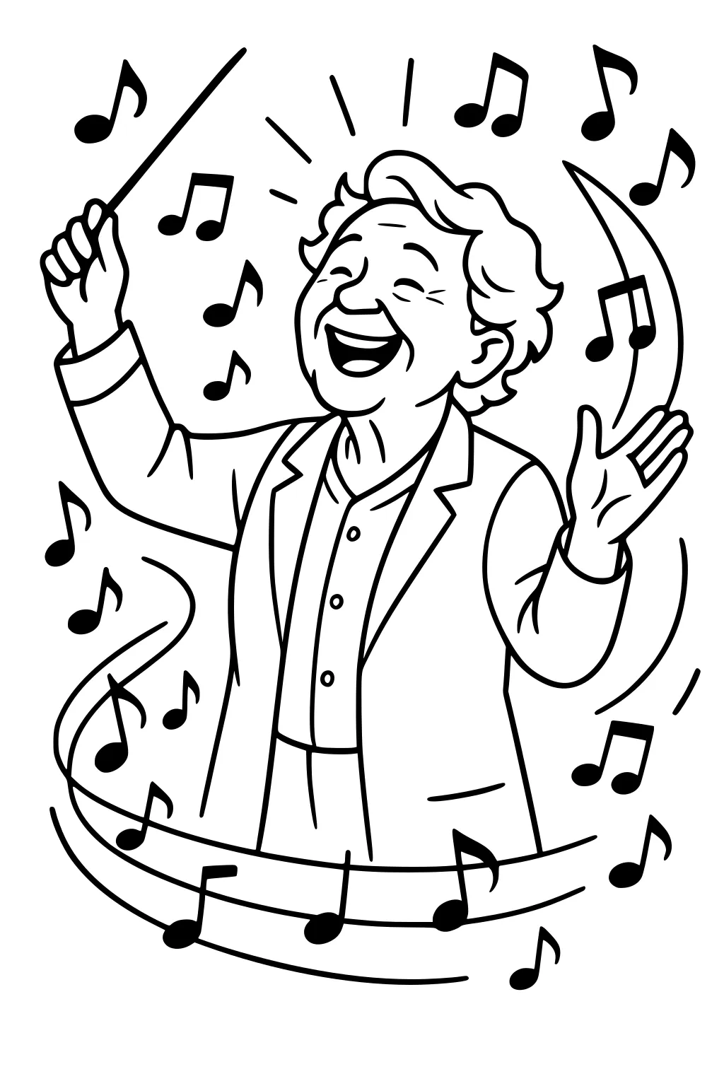 Smiling elderly man in a jacket conducting with a baton, one hand raised, musical notes swirling around him.
