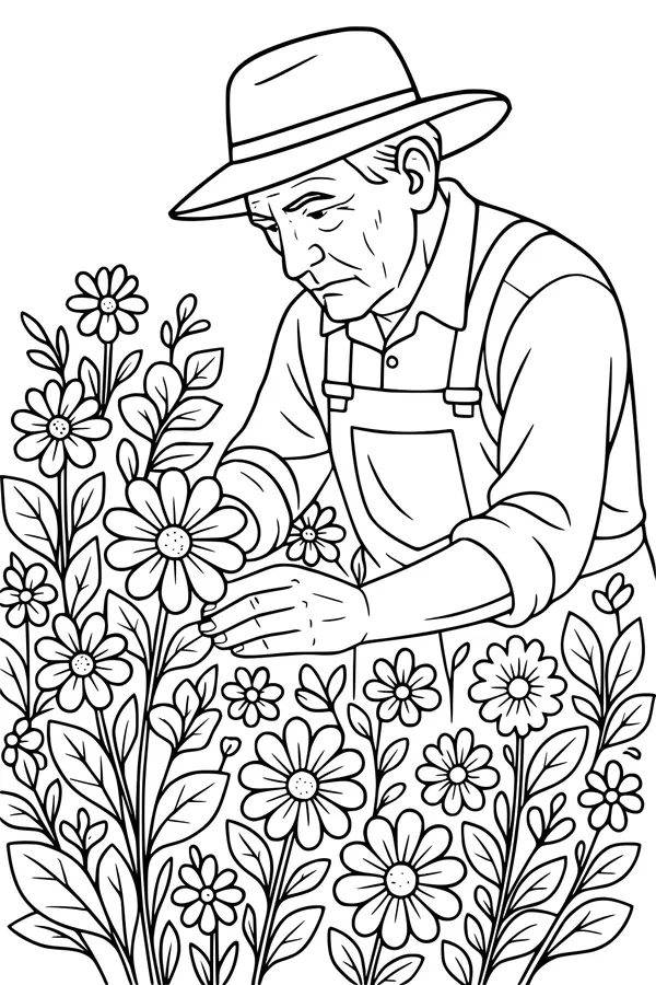 Free Grandpa Gardening Coloring Page - Peaceful Daisy Retirement Garden (Printable PDF)