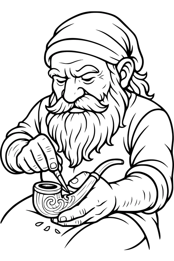 Free Dwarf Coloring Page - Grandpa Dwarf Cleaning His Swirly Pipe (Printable PDF)