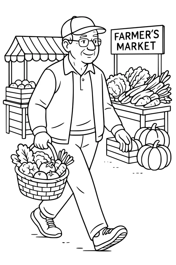 Free Grandpa Coloring Page - Strolling Through the Farmers Market (Printable PDF)