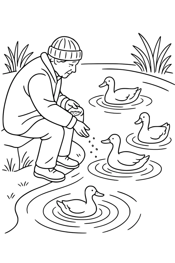 Free Grandpa Coloring Page - Elderly Man Feeding Ducks at Pond (Printable PDF)