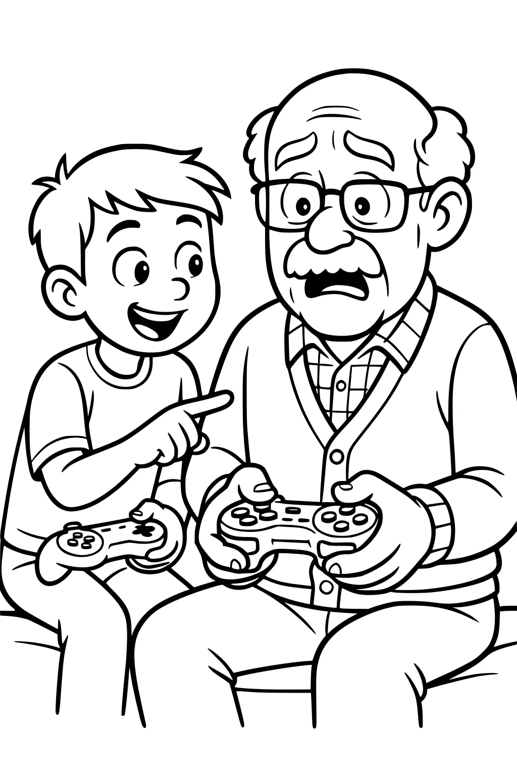 Grandfather in glasses and cardigan holds a controller as his smiling grandson points and plays beside him on the couch.