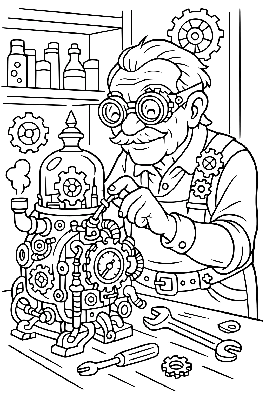 Grandpa in goggles fixes a gear-packed steampunk machine at a workbench, with tools, bottle shelf, and wall gears behind him.