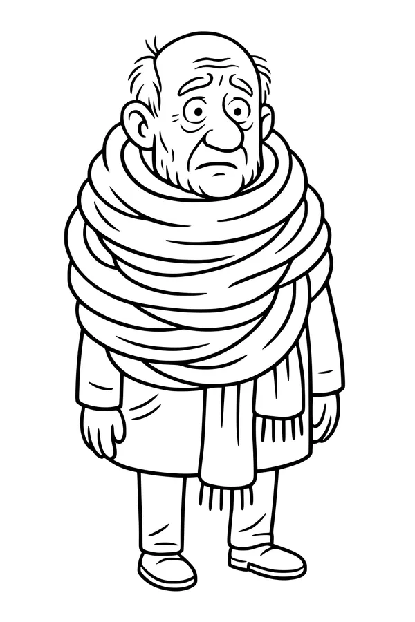 Free Grandpa Coloring Page - Elderly Man With Giant Winter Scarf (Printable PDF)