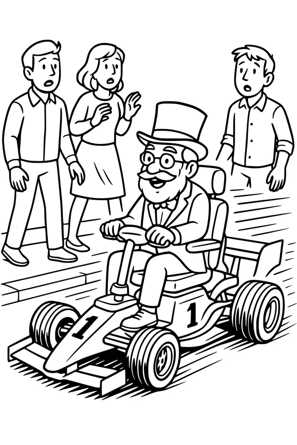 Free Grandpa Coloring Page - Elderly Racer in a Go-Kart (Printable PDF)